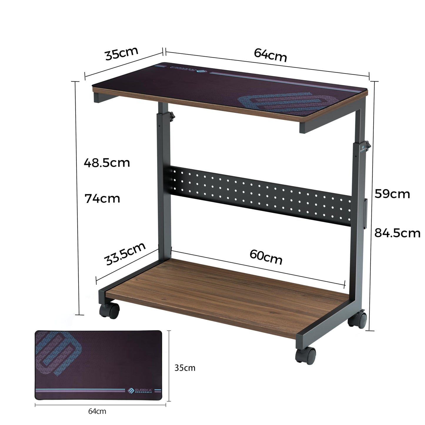 EUREKA ERGONOMIC Adjustable PC Tower Stand, ATX Case CPU Holder PC Cart, CPU Stand with Wheels and Mouse Pad, Walnut Color.