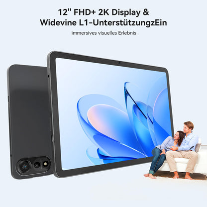 Blackview Mega2 Tablet 12 inch, 6GB RAM+256GB ROM(2TB TF) AI Tablet Android 15 2K FHD Large Display WideVine L1, Dual 4G LTE+5G WiFi, Octa Core T615, Big Battery, 13MP+8MP Camera, GPS/Face ID