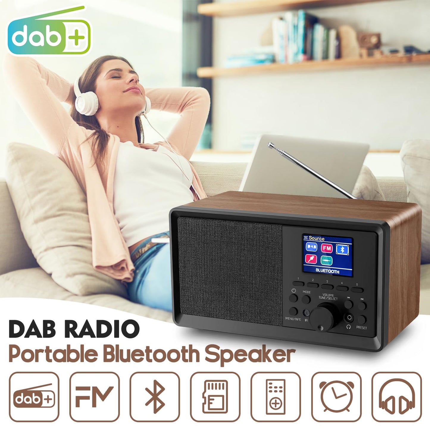 Wholede DAB Plus Radio with Bluetooth, DAB Radios with remote control DAB+/FM Radio Retro Wood Digital Radio Kitchen Radio Alarm Clock with dual alarm and USB/Aux port