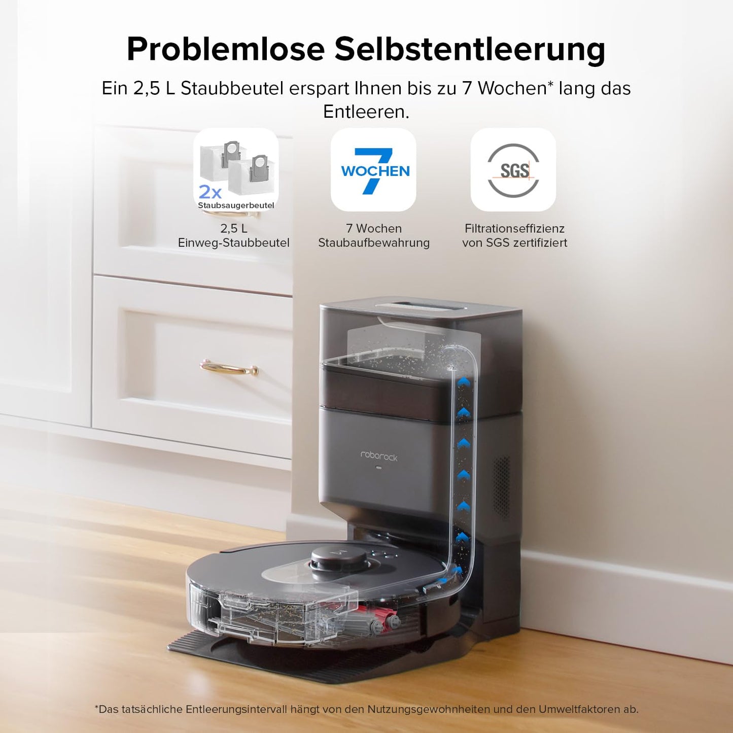 roborock Q5 Max+ robot vacuum with automatic dust disposal, 5,500 Pa suction power, DuoRoller brush, up to 7 weeks hands-free cleaning, PreciSense LiDAR navigation, app & voice control, black.