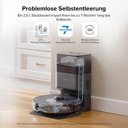 roborock Q5 Max+ robot vacuum with automatic dust disposal, 5,500 Pa suction power, DuoRoller brush, up to 7 weeks hands-free cleaning, PreciSense LiDAR navigation, app & voice control, black.