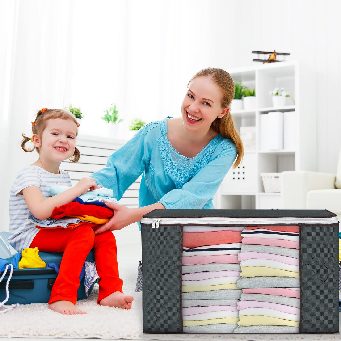 Budding Joy 4 Piece 90 L Storage Bags, Large Storage Boxes with Lid, Moving Boxes, Foldable Underbed Storage Box for Clothing, Comforters, and Bedding, Clothing Storage Boxes (Gray)