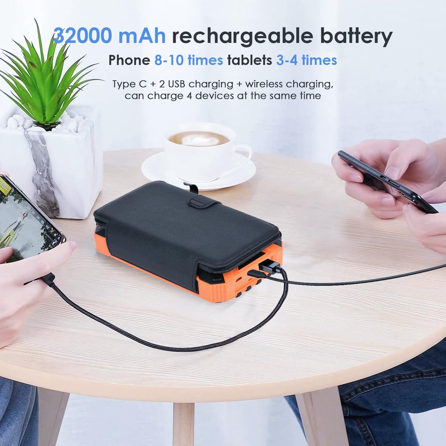 Sckolaink Solar Powerbank, 32000mAh with 4 charging cables, wireless charging, USB/Type-C input, 2 outputs, LED flashlight. Solar charger for phones and tablets.