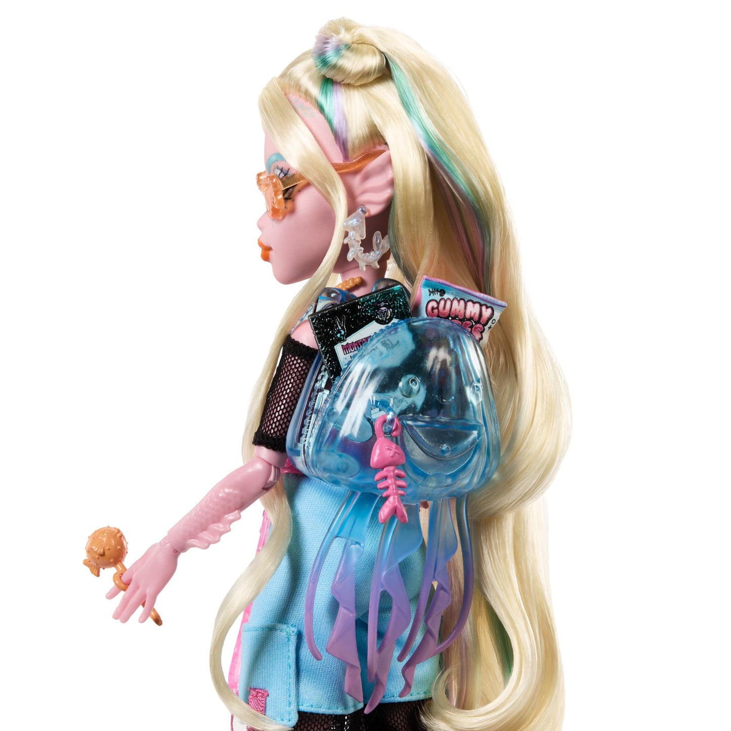 Monster High Lagoona Blue doll in mesh T-shirt and cargo pants with pet fish Neptuna and accessories like backpack, snacks, and notebook, HXH75