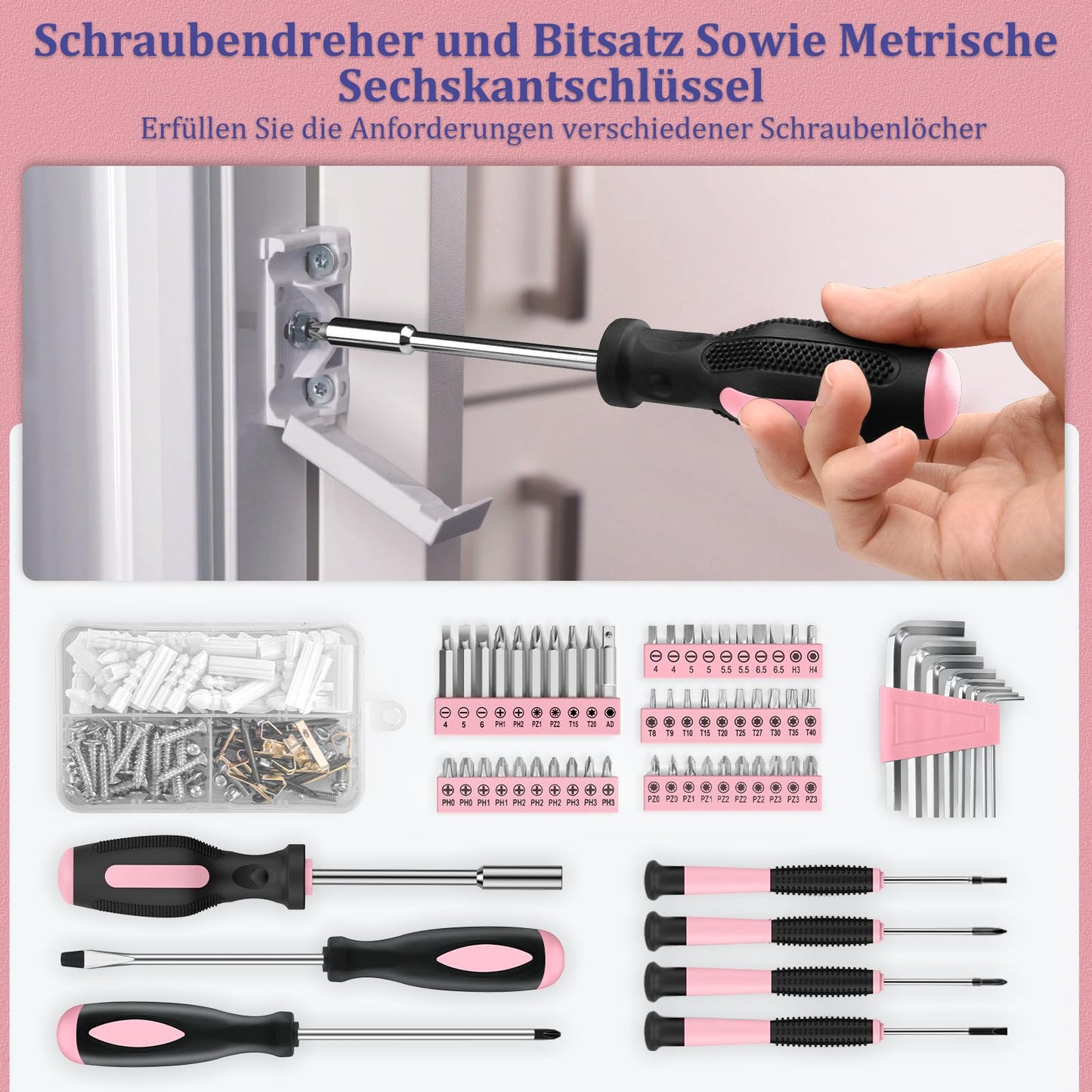 Sundpey Tool Box Filled 281pcs - Portable Complete Tool Sets Tool Box with Socket Set Screwdriver Set Metric Allen Wrench Pliers Tool Case Pink