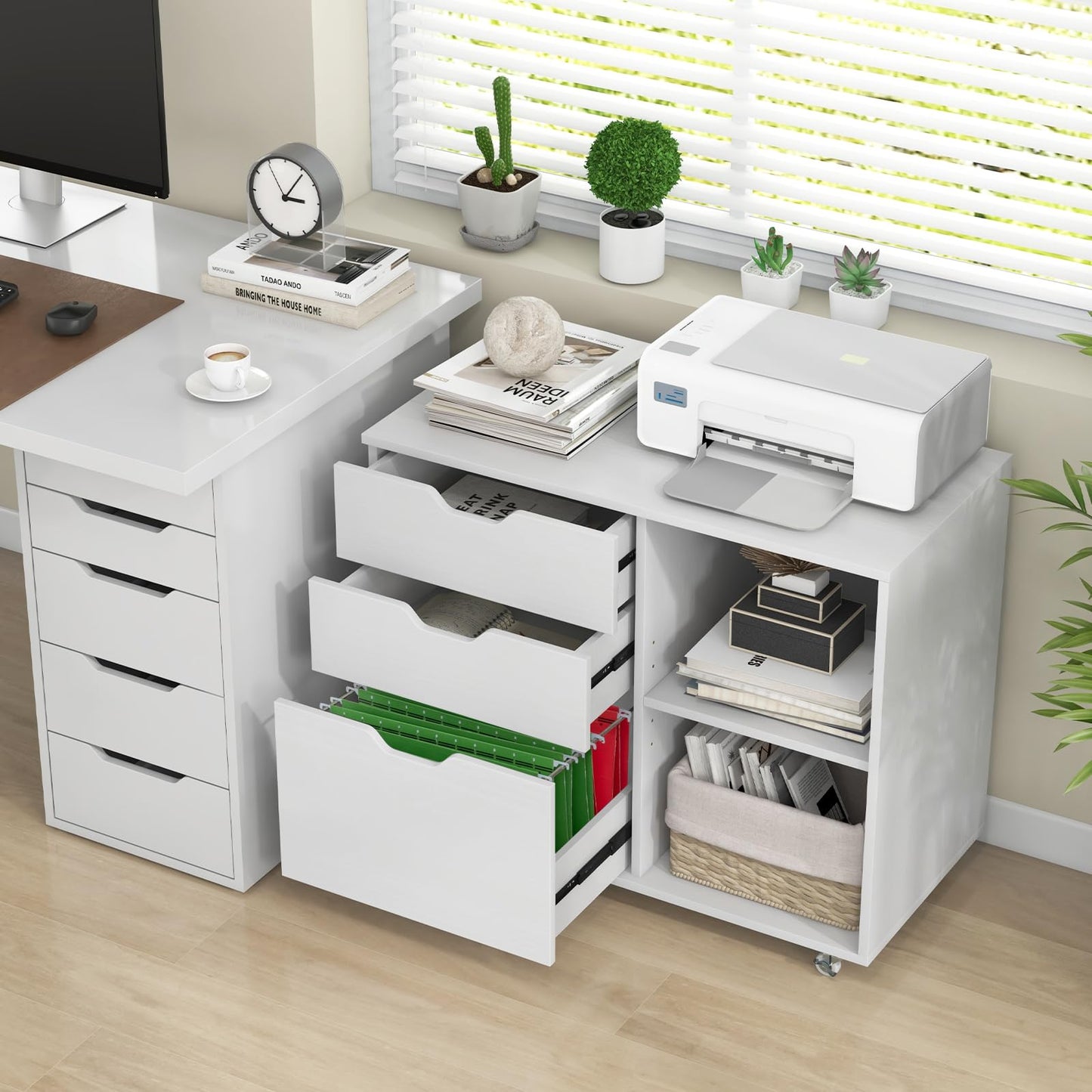 COSTWAY rolling container with 3 drawers, file cabinet with wheels and open compartments, printer stand, office cabinet for documents in DIN A4, letter format, legal format (white)