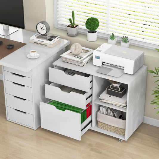 COSTWAY rolling container with 3 drawers, file cabinet with wheels and open compartments, printer stand, office cabinet for documents in DIN A4, letter format, legal format (white)