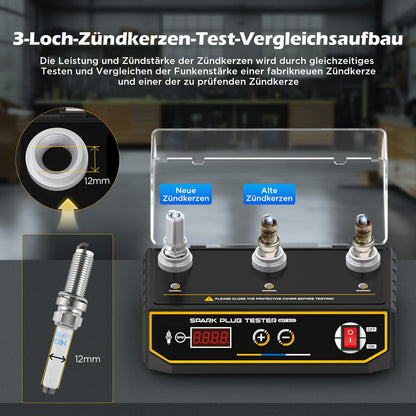 3-hole spark plug tester, 220V spark tester with LCD display, ignition tester adjustable operating frequency 200~9000rmp, spark plug tester adjustable test hole height for all 12V vehicles.