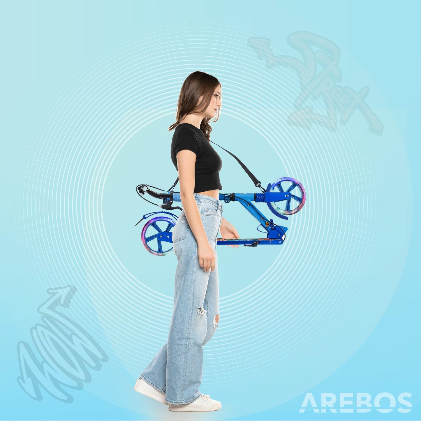 Arebos City scooter kick scooter blue adjustable in height | foldable | including carrying strap | LED wheels | hand-push brake | front-rear suspension | for kids & adults | supports up to 100kg | kick scooter