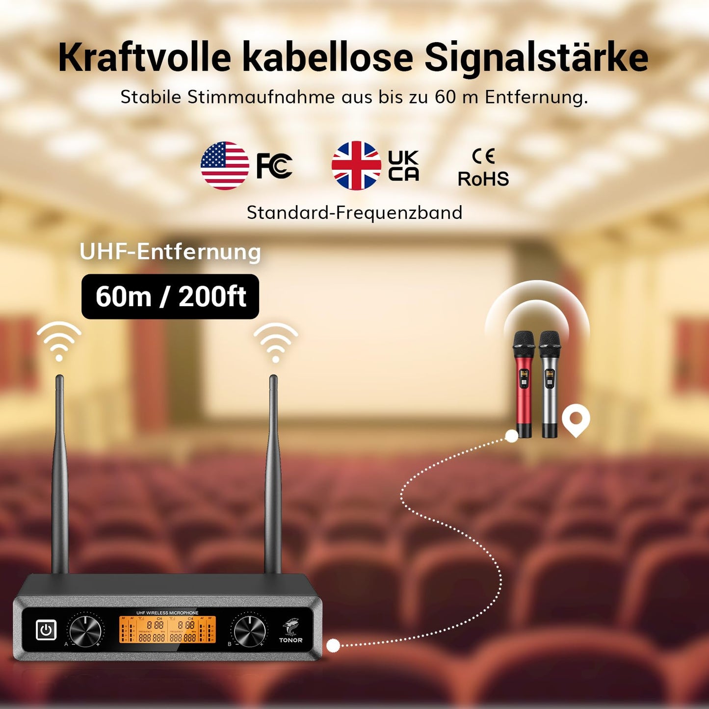 TONOR Wireless UHF Professional Dynamic Dual Wireless Microphone, Handheld Microphone System, Home KTV Set for Karaoke, Party, DJ, Church, Wedding, Meeting, 60 Meters, TW820, Silver