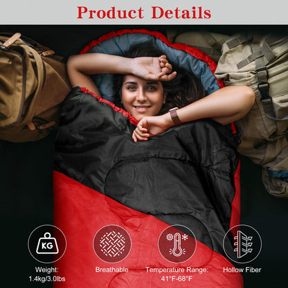 YARMINE sleeping bag, 3-4 seasons, outdoor camping gear for adults and kids. Portable, rectangular, soft, thick, and warm in red and black. Perfect for outdoor activities like hiking and travel.