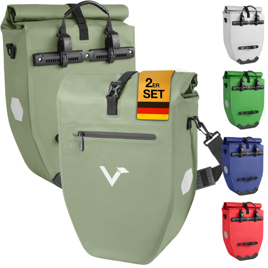 Valkental - Large & waterproof pannier bag - 28L capacity - Bike bag for rack with reflectors in Natural Green