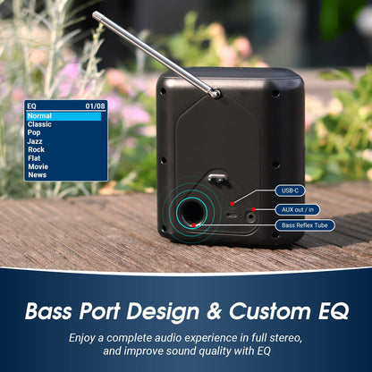 August MB330 Rechargeable DAB+/FM Radio with Bluetooth Speaker - portable clock radio with dual alarm, sleep timer, snooze, LCD color display, EQ, RDS, 60 presets. Digital radio with battery AUX-In/Out.