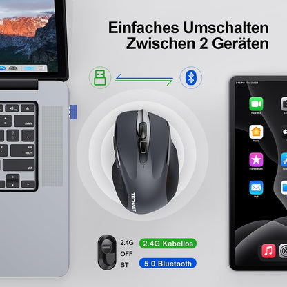 TECKNET Bluetooth Mouse, Rechargeable Wireless Mouse(THREE Modes: BT 5.0/3.0 + 2.4G), 4800 DPI, Ergonomic Silent Wireless Mouse for Laptops, Mac OS, Android, Windows, Gray