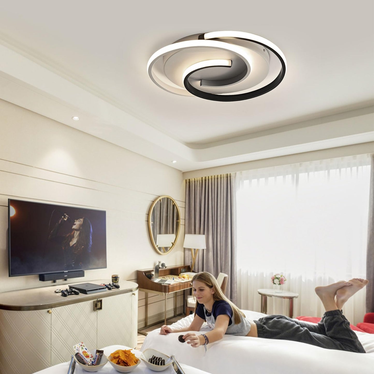 LED ceiling light, modern dimmable ceiling light with remote control for living room, black-white bedroom lamp, round design with memory function. Suitable for living room, bedroom, office.