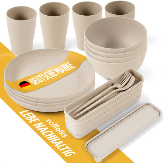 Ecofolks environmentally friendly camping dinnerware set -100% recycled material | Reusable, colorful, for RV, picnic, outdoor & kids | Color beige