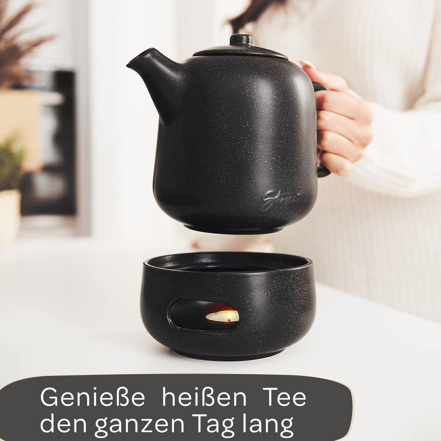 STONE AGE design teapot with warmer (1.3L) - with stainless 304 steel infuser - ceramic with unique glaze with removable infuser, black
