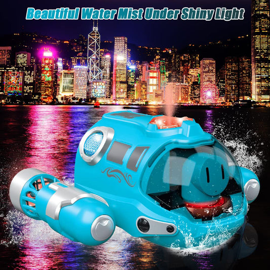 Remote Control Boat for Kids RC Boat 2.4 GHz Pool Toy Kids with Spray/Light Function/Double Propellers, Water Toy for Pools Lakes Boys Girls Outdoor Toys Gifts (Blue)