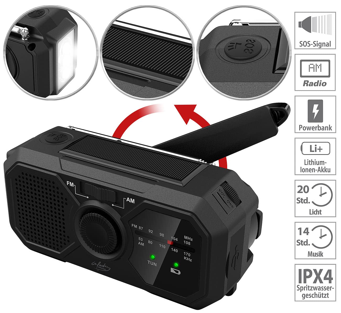 infactory Crank Radios: Solar and Dynamo Crank Radio with LED Light, SOS, Powerbank Function (Radio with Battery, Emergency Radio, Headphone Cable)