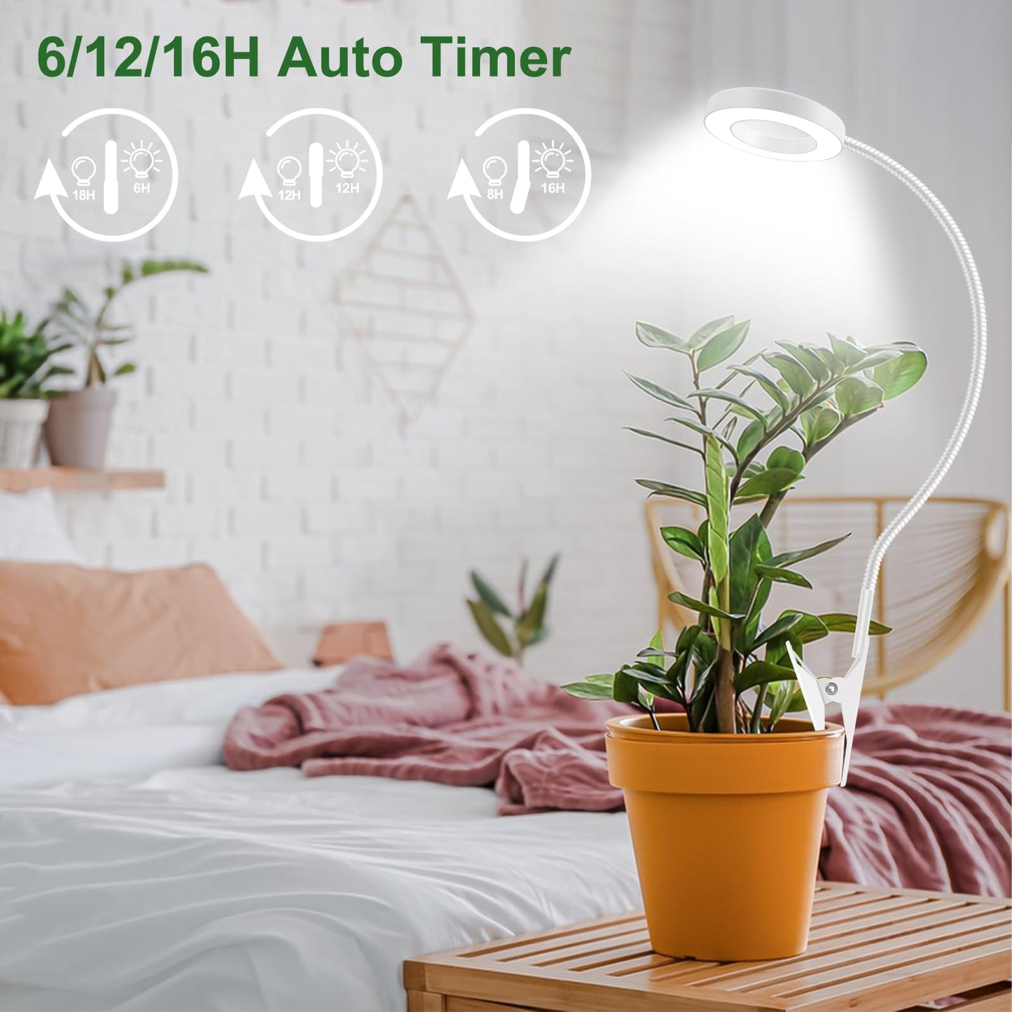 LED full spectrum plant lamp, pot clip 6500K grow light, two installation options plant light, 3 color temperature LED grow lamp with 360° swan neck, 6/12/16H timer, 5 brightness levels (white 2 pieces)
