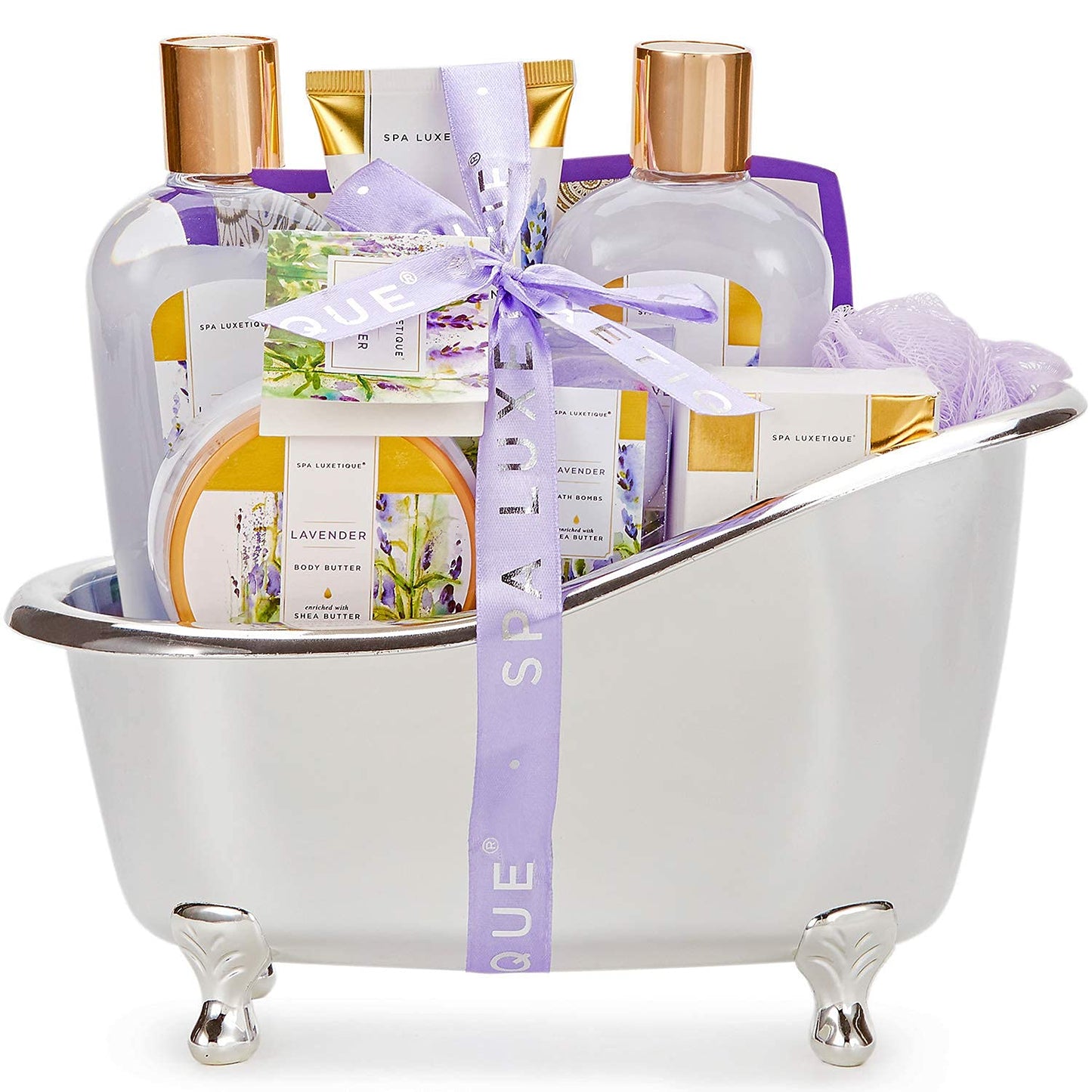 SPA LUXETIQUE Bath Gift Set for Women - 8pc Lavender Scented Wellness Set, Birthday Beauty Set with Decorative Bathtub, Valentine's Day Gift for Her, Mother's Day Gift.