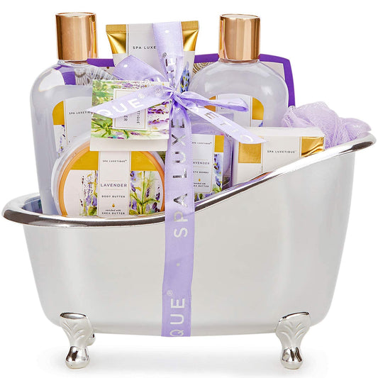 SPA LUXETIQUE Bath Gift Set for Women - 8pc Lavender Scented Wellness Set, Birthday Beauty Set with Decorative Bathtub, Valentine's Day Gift for Her, Mother's Day Gift.