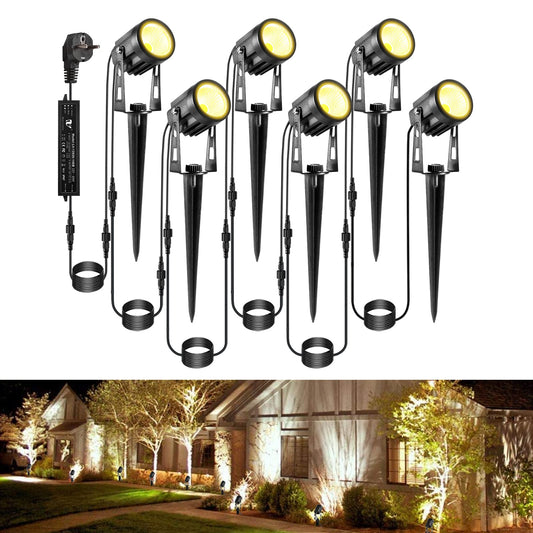Greenclick Garden Lighting LED, 6 Set 1800LM 21m Cable Garden Lighting with Power, IP65 Waterproof Garden Light with Ground Stake, Garden Spotlight Warm White COB Garden Lamp for Outdoor Lawn Path Pond.