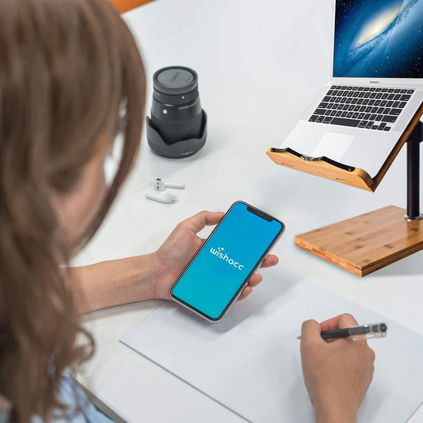 Wishacc book stand adjustable - upright bamboo book stand & holder for reading desk, adjustable reading height and angle with page clips (27.9 x 20.6 cm)