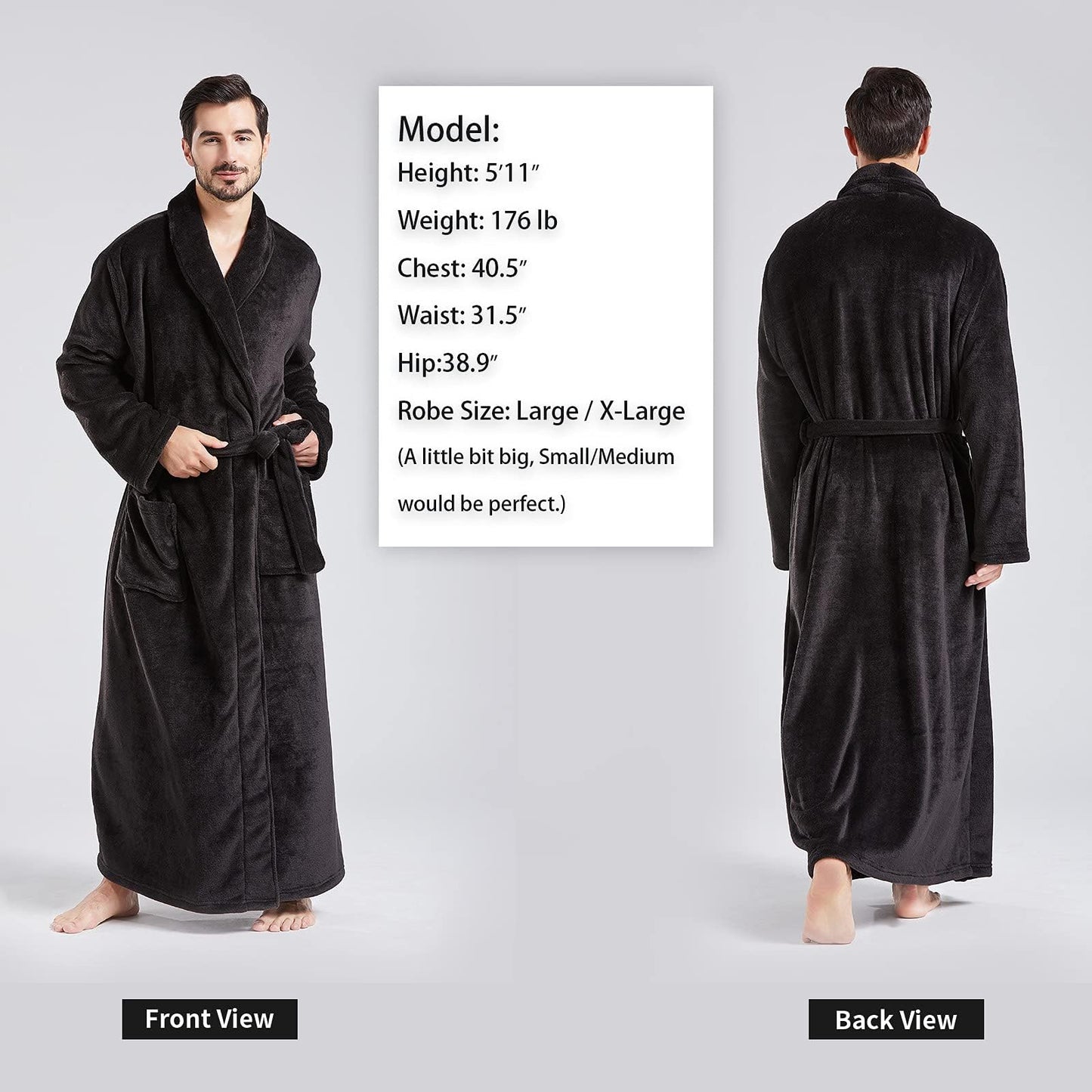 FashGudim Men's Bathrobes large and oversized in full length plush fleece long robe shawl collar warm winter men's bathrobe (Black, L/XL)