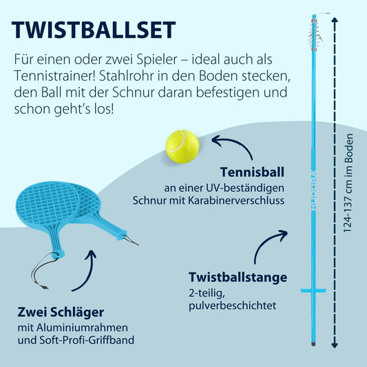 HUDORA Twistball Set including 2 rackets & 1 powder-coated pole - Tennis Trainer Set in 124-137 cm - High-quality Swingball Set with stand - Outdoor ball game for children aged 4 years and above