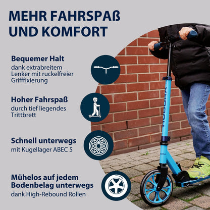 HUDORA Scooter Up 200 - Quiet aluminum scooter for up to 100kg - Height-adjustable & foldable kick scooter - Smooth ride for kids / teenagers & adults
