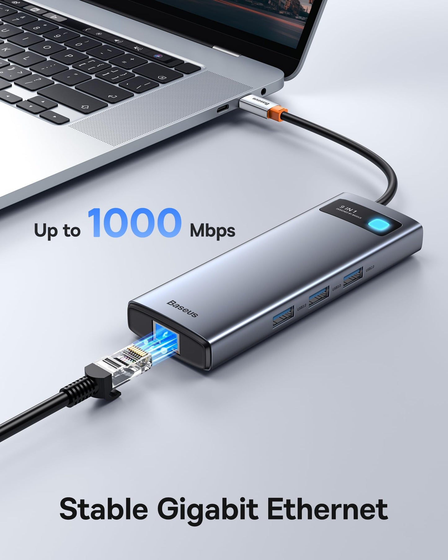 Baseus 9 in 1 Docking Station features USB C 4K@120Hz, dual HDMI monitors, 1000Mbps Ethernet, 100W PD, TF/SD card reader, USB 3.0, and multiport adapter for MacBook, Dell, HP, Surface, Lenovo, and other PCs.