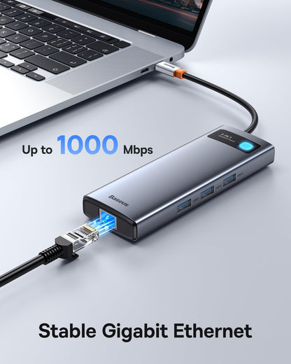 Baseus 9 in 1 Docking Station features USB C 4K@120Hz, dual HDMI monitors, 1000Mbps Ethernet, 100W PD, TF/SD card reader, USB 3.0, and multiport adapter for MacBook, Dell, HP, Surface, Lenovo, and other PCs.