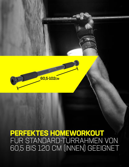 SPORTINATOR® Doorway Pull-Up Bar for your home gym. Length 60-102 cm, compact, safe & easy to install without drilling, supports up to 150 kg.
