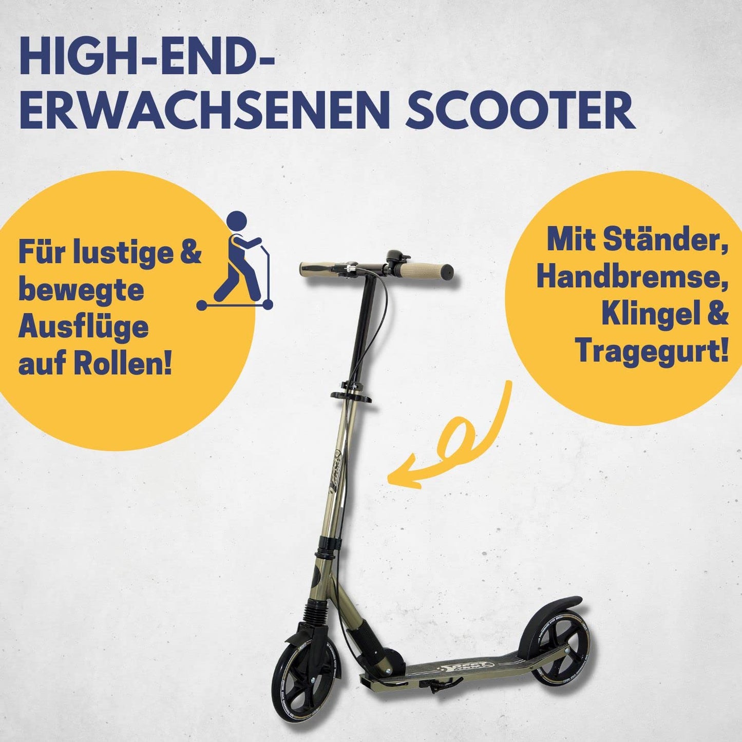 BEST SPORTING High End Adult Scooter, foldable with stand, hand brake, bell, and carrying strap. City scooter for adults with wheel size of 205 mm.