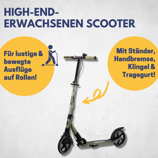 BEST SPORTING High End Adult Scooter, foldable with stand, hand brake, bell, and carrying strap. City scooter for adults with wheel size of 205 mm.