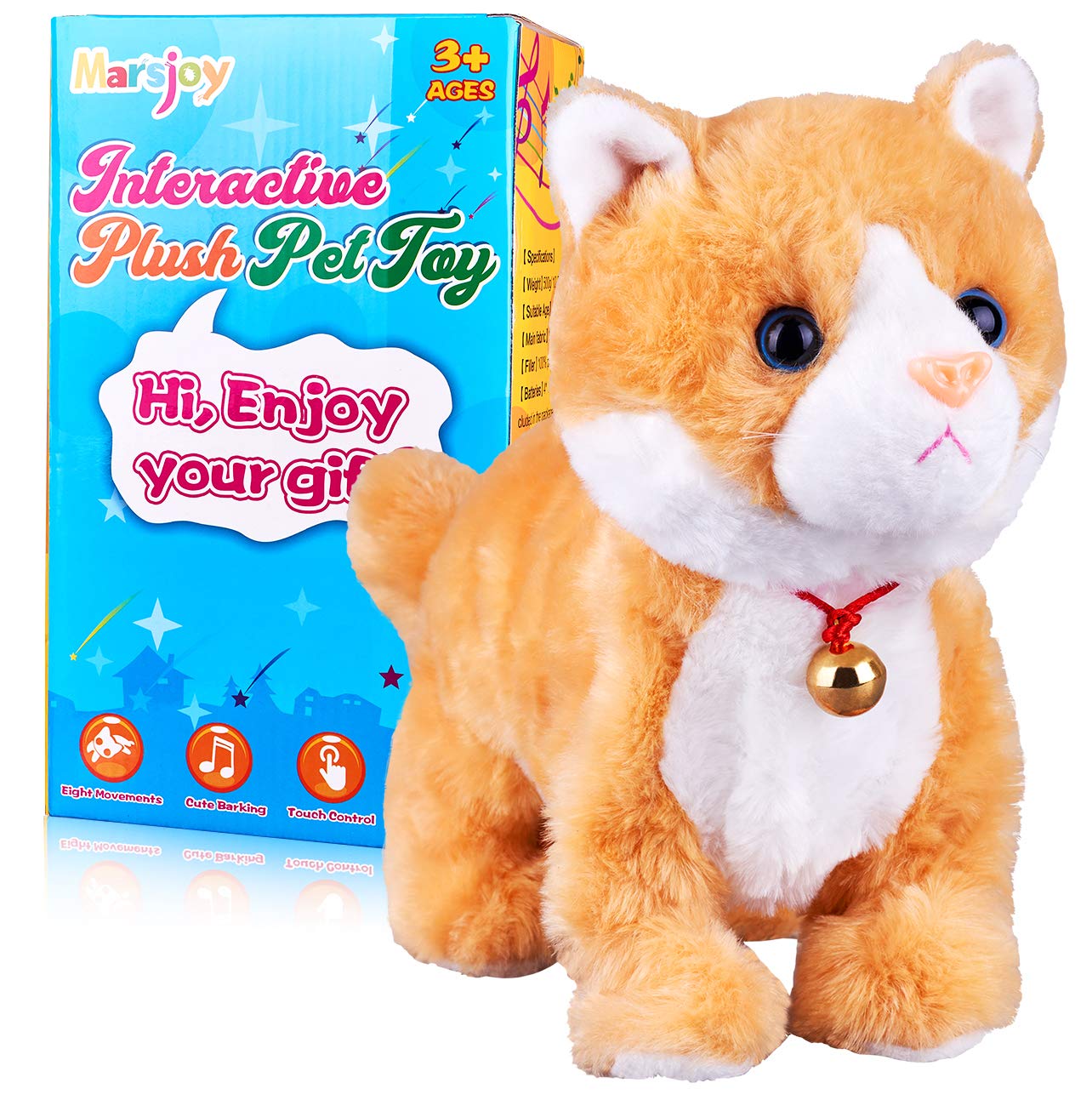 Interactive plush cat toy, interactive cat robot, barking meow, touch control, electronic cat pet, kids, L: 30.5 cm x H: 20.3 cm x W: 12.7 cm.