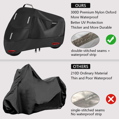 Motorcycle Cover Outdoor 300D Motorbike Cover Scooter Cover Waterproof Moped Garage with 5 Reflective Stripes and 2 Lock Holes, 2 Windproof Buckles, and 1 Pocket (XXL: 240x90x125cm)