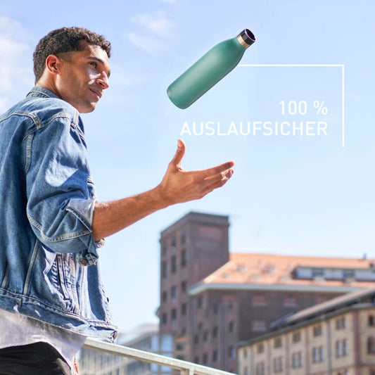 Emsa Bludrop insulated drinking bottle, 1 liter, 100% leak-proof, Quick-Press closure, ergonomic 360° drinking experience, keeps warm for 20h, cold for 40h, easy to clean, stainless steel, powder coating, Petrol color, N31121