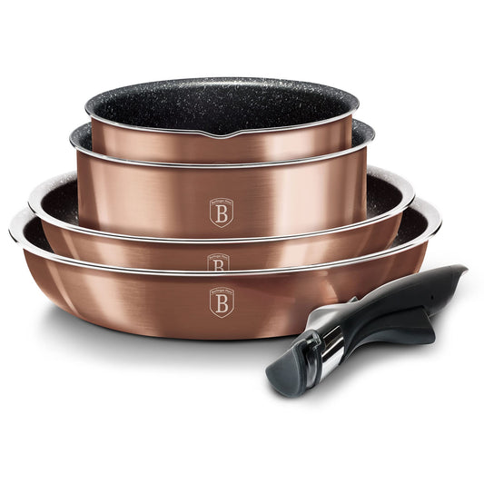 Berlinger Haus Rose Gold Cookware Set, Induction, 9 pieces, detachable handle, interchangeable, non-stick coated, PFOA-free, aluminum, pots and pans, glass lids + airtight, stackable