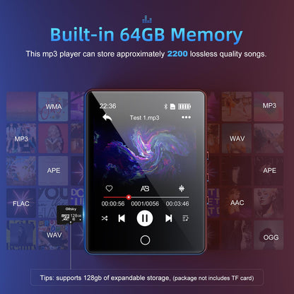 64GB MP3 Player Bluetooth 5.0, Oilsky Kids MP3 Player with Headphones, 2.8" Touchscreen Music Player with Speaker, Portable MP3 Digital Audio Player with FM Radio, E-Book (Black)