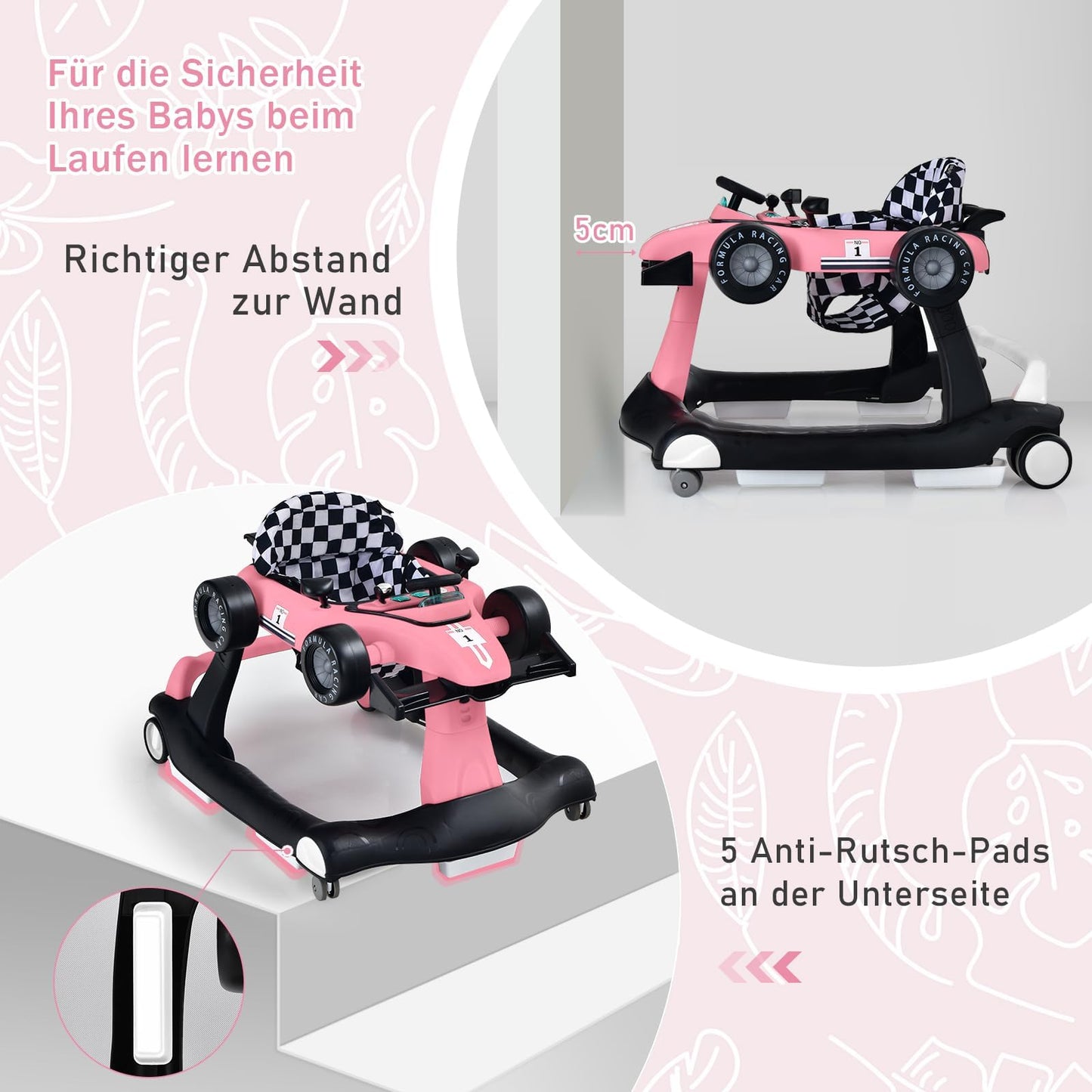 COSTWAY 4 in 1 walker, foldable and adjustable height & speed baby walker shaped like a car with music box, lights & wheels for babies 6 months and up, maximum weight 12kg (Pink)