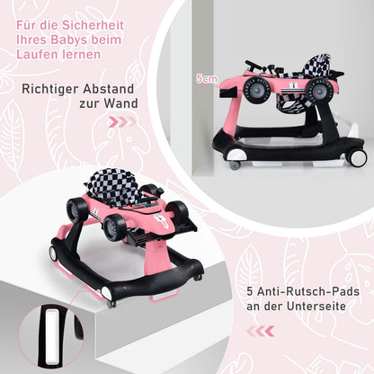 COSTWAY 4 in 1 walker, foldable and adjustable height & speed baby walker shaped like a car with music box, lights & wheels for babies 6 months and up, maximum weight 12kg (Pink)