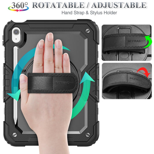 SEYMAC stock case for iPad A16 11th/10th Generation 11/10.9 Inch 2025/2022, Shockproof case with screen protector, 360 Rotating stand/hand strap, Pencil holder & Shoulder strap, Black