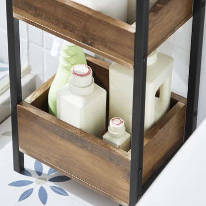 SoBuy bathroom cabinet with 3 sturdy shelves, narrow MDF bathroom cabinet, bathroom furniture commode up to 30kg capacity, freestanding wood-colored bathroom shelf for small bathrooms 28x20x74cm FRG226-F