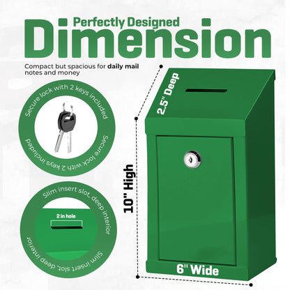 Metal donation box for wall mounting or countertop, with coin slot, lock with 2 green keys.