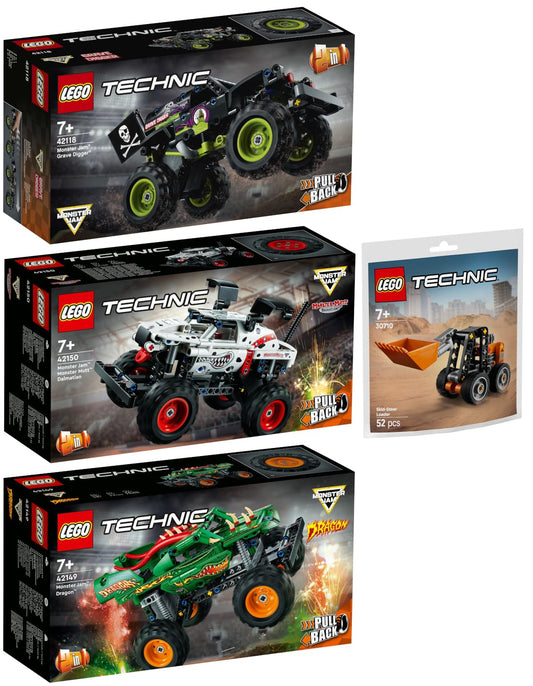 Lego Technic 4-set: 42118 Monster Jam Grave Digger, 42149 Monster Jam Dragon, 42150 Monster Jam Monster Mutt Dalmatian & 30710 Compact Loader