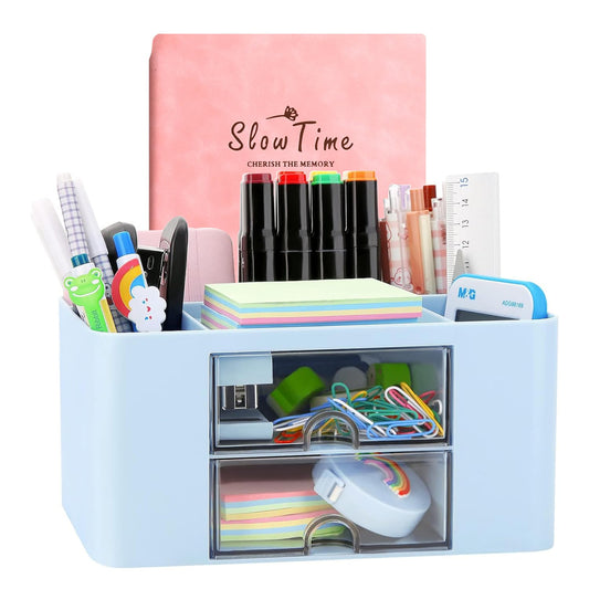 Creative & simple desk organizer, 6 compartments, plastic desk organizer with drawer, multifunctional desk organizer, pencil holder for school, office, home (Blue)
