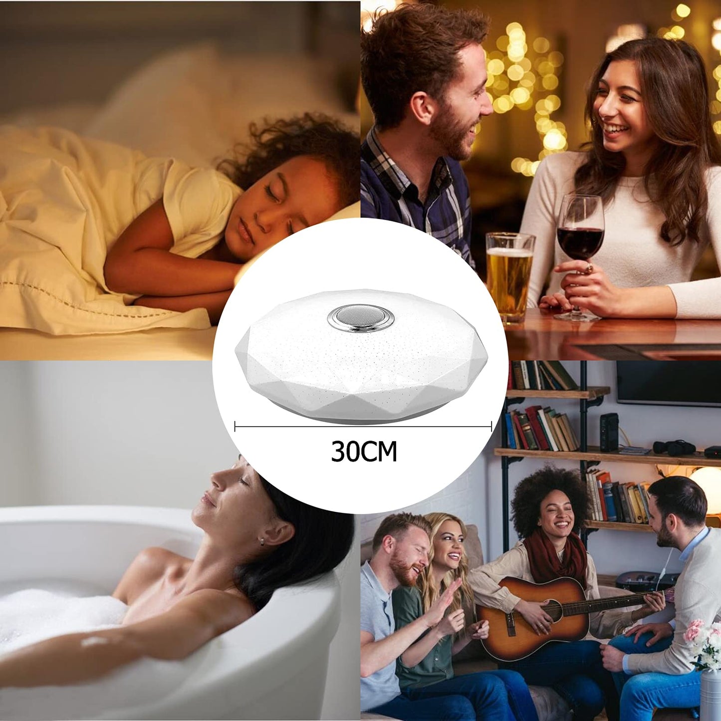 Whole LED ceiling light dimmable with Bluetooth speaker, LED ceiling lamp with remote control or APP control, RGB color changing, music playback for bedroom bathroom living room.