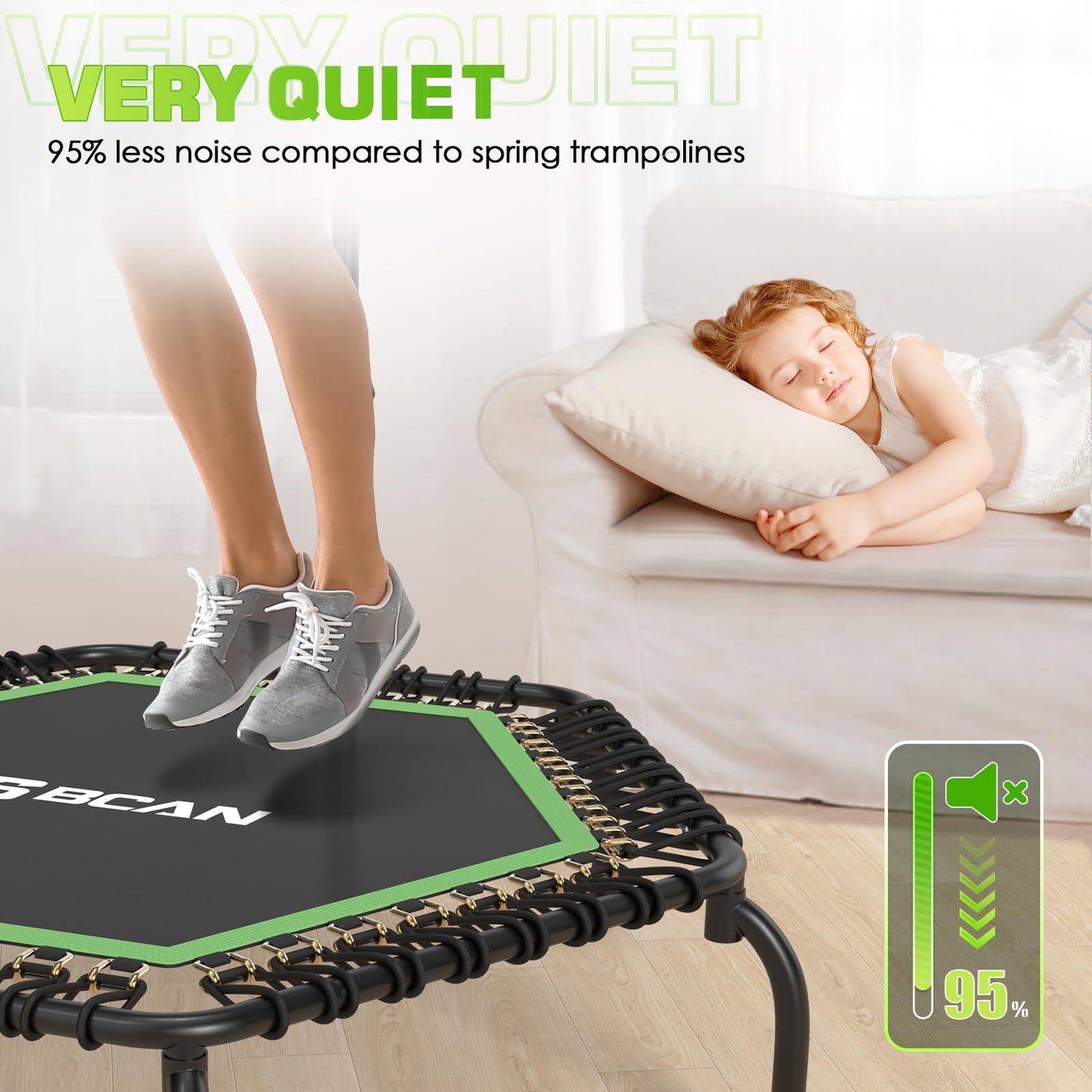 BCAN Fitness Trampoline Indoor Ø 122 cm, Trampoline for Adults up to 250 kg, Ground Trampoline with Adjustable T-Handle & 42 Bungee Cords, Quiet & Low in vibrations.